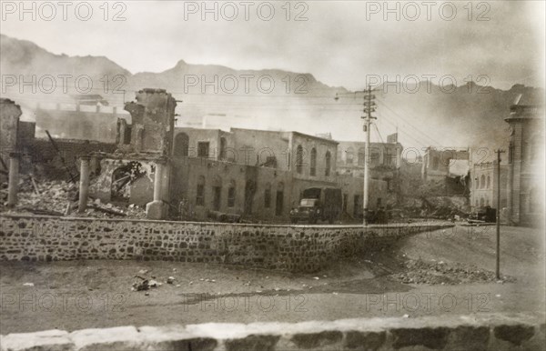 Aftermath of Arab riots in Aden, 1947. View over the desolate and ruined Jewish quarter of Aden, after the Arab riots that took place between 1-3 December 1947 in response to the United Nations Partition Plan for Palestine. Aden, Yemen, December 1947.
 Aden, Adan, Yemen, Middle East, Asia.