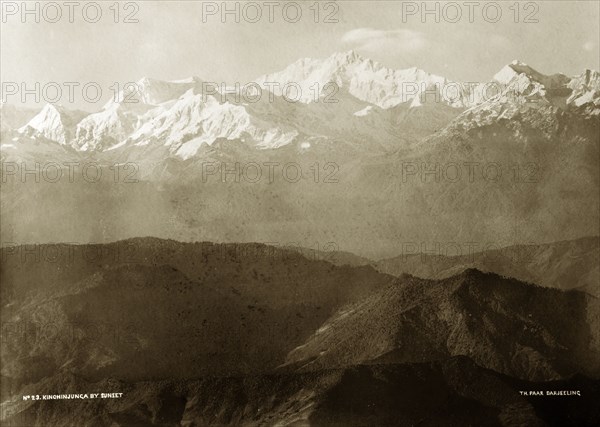 Kanchenjunga by sunset. View of the Himalayan mountain Kanchenjunga, taken at sunset. India-Nepal border, circa 1890. Nepal, Southern Asia, Asia.