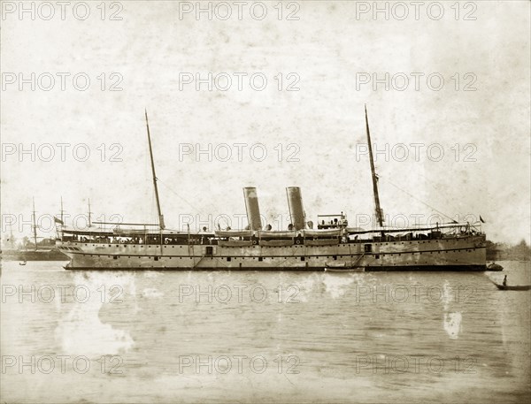 RIMS 'Warren Hastings'. RIMS 'Warren Hastings', a naval steamer belonging to the Royal Indian Marine Service, before it was shipwrecked off the coast of Reunion in 1897. Indian Ocean, circa 1895., Southern Asia, Asia.