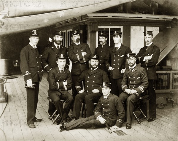 Officers of the RIMS 'Minto'. Group portrait of ten uniformed officers posed on the deck of the RIMS 'Minto'. Indian Ocean, 1905., Southern Asia, Asia.