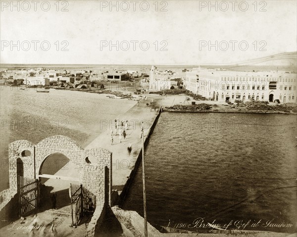 Bridge at Suakin. View of Suakim showing a road bridge crossing the river. Suakin, Sudan, circa 1900. Suakin, Red Sea, Sudan, Eastern Africa, Africa.