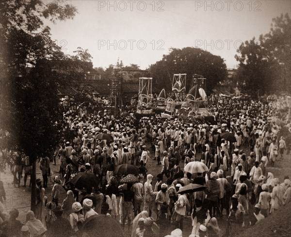 A Muharram processional in Bengal. A religious parade, possibly a Muharram procession. Bengal, India, circa 1890., West Bengal, India, Southern Asia, Asia.