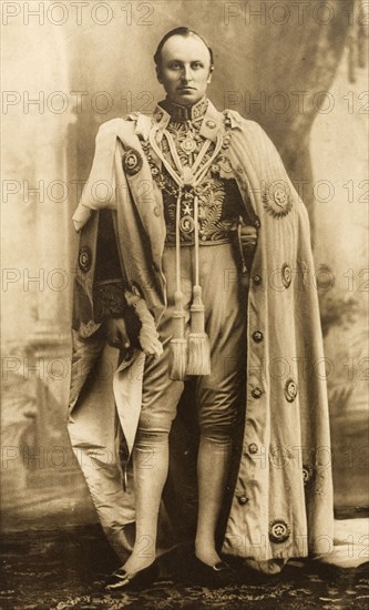 Lord Curzon. Studio portrait of Lord Curzon (1859-1925), Viceroy and Governor General of India, dressed in his robes for the Coronation Durbar at Delhi. India, circa 1902. India, Southern Asia, Asia.