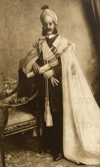 Nizam of Hyderabad. Studio portrait of Nawab Mir Sir Mahbub Ali Khan (1866-1911), Nizam of Hyderabad, dressed in his robes for the Coronation Durbar at Delhi. India, circa 1902. India, Southern Asia, Asia.