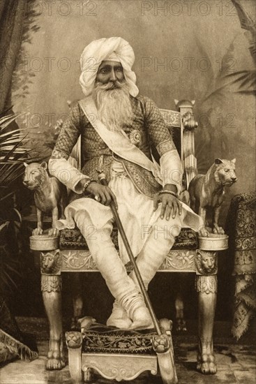 Raja of Nabha. Portrait of Sir Hira Singh (1843-1911), Raja of Nabha, finely dressed for the Coronation Durbar at Delhi. India, circa 1902. India, Southern Asia, Asia.