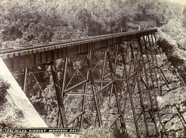 Railway viaduct near Montego Bay. A railway track runs across a narrow trestle bridge in a valley near Montego Bay. St James, Jamaica, circa 1895., St James (Jamaica), Jamaica, Caribbean, North America .