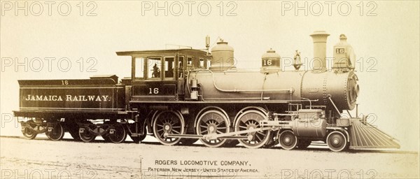 Number 16, Jamaica Railway. Profile shot of number 16, a steam locomotive designed and built for the Jamaica Railway by Rogers Locomotive Company, USA. Jamaica, circa 1895. Jamaica, Caribbean, North America .