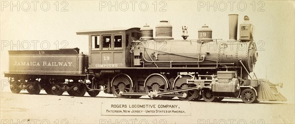 Number 19, Jamaica Railway. Profile shot of number 19, a four cylinder compound steam locomotive designed and built for the Jamaica Railway by Rogers Locomotive Company, USA. Jamaica, circa 1895. Jamaica, Caribbean, North America .