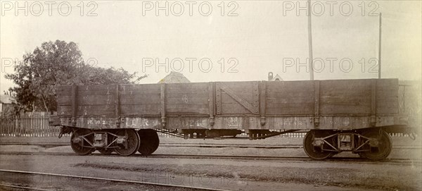 Jamaica Railway wagon. A railway wagon inscribed 'J. RY. No.46', sits on rails at a siding. Jamaica, circa 1895. Jamaica, Caribbean, North America .