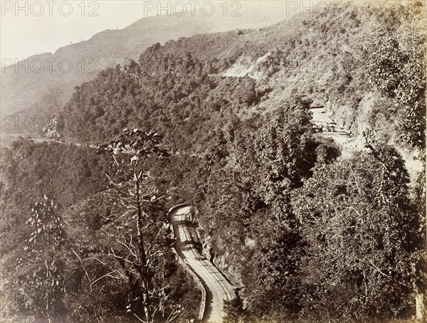 Darjeeling Hill Railway. A section of the Darjeeling Hill Railway, showing how the line encircles the hills. Although the are only 100 feet (30 metres) between these two portions of the track, it is three miles (4.8 kilometres) by the line. West Bengal, India, circa 1885., West Bengal, India, Southern Asia, Asia.