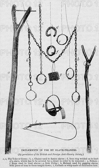 Implements of the slave trade. A book illustration depicts a variety of implements used by African slave traders to control their captives. Amongst the artefacts are an iron ring, once welded to the limb of a slave, and a gagging helmet, fitted with a metal strip to depress the tongue. Africa, circa 1892. Africa.