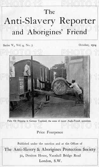 Anti Slavery Reporter', October 1914. Front cover of the 'Anti-Slavery Reporter and Aborigine's Friend', a magazine established in 1825 that campaigned vigorously for the abolition of slavery throughout the world. England, October 1914. England (United Kingdom), Western Europe, Europe .