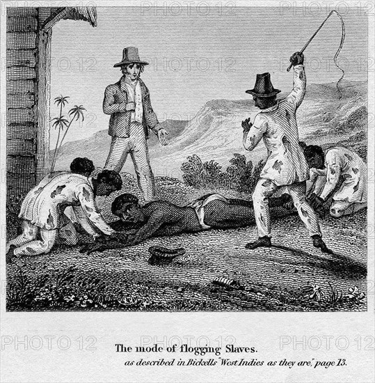 Slaves flogging slaves. Several slaves are forced to hold down and flog a fellow worker, watched by a European overseer. Caribbean, circa 1825. Slavess are chained together by the neck in pairs and 'driven to work on the roads'. Dressed in dishevelled clothes and hats, the gang carry pickaxes and spades and are led by a man brandishing a whip. Caribbean, circa, Caribbean, North America .