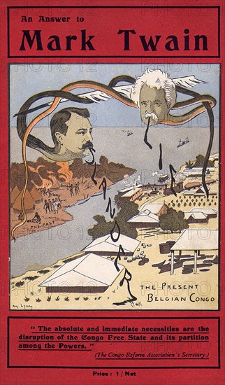 An Answer to Mark Twain'. The cover of 'An Answer to Mark Twain', a piece of propaganda issued by King Leopold II in response to Mark Twain's 'Soliloquy', which attacked his governance of the Congo Free State. The cover illustration depicts a river dividing past from present, with Twain and Morel, both supporters of the Congo Reform Association, represented as snakes speaking words of slander. Congo Free State (Democratic Republic of Congo), circa 1906. Congo, Democratic Republic of, Central Africa, Africa.