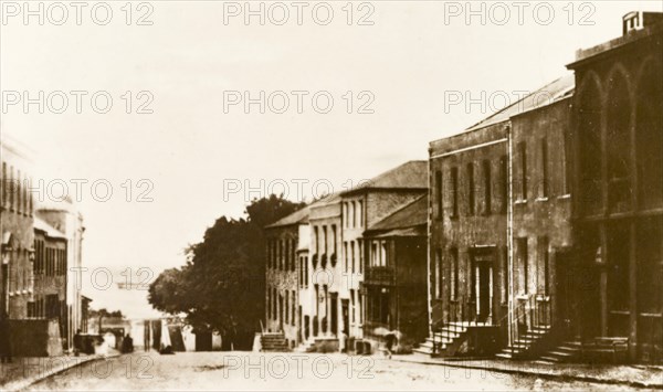 Main Street, Jamestown. View down Main Street looking towards the coast. Jamestown, St Helena, circa 1950. Jamestown, St Helena, St Helena, Atlantic Ocean, Africa.