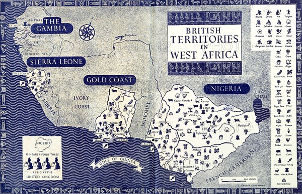 Map of 'British West Africa', 1952. A map taken from the inside covers of the 1952 'Empire Youth Annual', illustrates the location of British territories in western Africa including Nigeria, the Gold Coast, Sierra Leone and the Gambia. Western Africa, 1952., Western Africa, Africa.