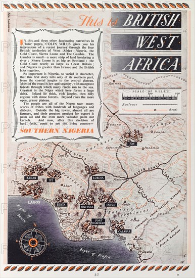 Map of 'British West Africa', 1952. A page taken from the 1952 'Empire Youth Album', entitled 'This is British West Africa', is illustrated with a scale map showing the location of British territories in western Africa including Nigeria, the Gold Coast, Sierra Leone and the Gambia. Western Africa, 1952., Western Africa, Africa.