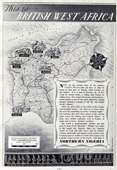 British map of Nigeria, 1952. A page taken from the 1952 'Empire Youth Album', entitled 'This is British West Africa', is illustrated with a scale map of northern Nigeria, together with text that describes the region. Nigeria, 1952. Nigeria, Western Africa, Africa.