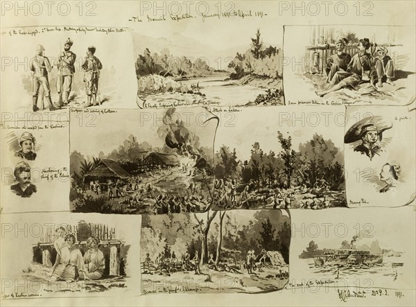 A military expedition in Burma (Myanmar). A series of small watercolour sketches recounts a British Army expedition to Burma (Myanmar) at the time of the country's annexation by the British. As well as battle scenes, there are several portraits of prisoners and of various Burmese villagers encountered during the journey. Burma (Myanmar), January-April, 1891. Burma (Myanmar), South East Asia, Asia.