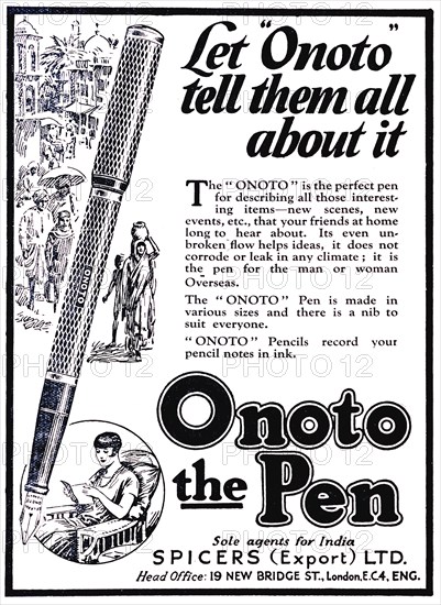 Let "Onoto" tell them all about it'. A quarter-page advertisement for the 'Onoto' fountain pen, taken from the 1929 edition of 'The Times of India Annual'. The illustration depicts a close-up of the pen with an Indian street scene in the background. An inset features a British woman reading a card written with an 'Onoto' pen. India, 1929. India, Southern Asia, Asia.