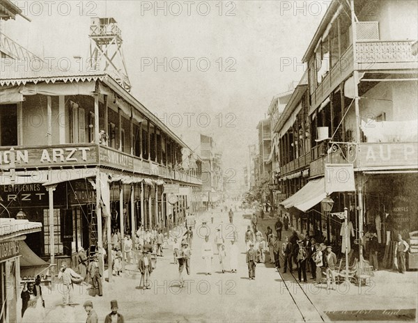 Street scene in Port Said. A busy street scene. Port Said, Egypt, circa 1901. Port Said, Port Said, Egypt, Northern Africa, Africa.