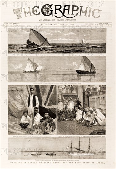 HMS Garnet cruises for illegal slave dhows. Illustrations on the front page of 'The Graphic' newspaper depict HMS Garnet, a British Royal Navy patrol ship, cruising off the east coast of Africa in search of illegal slave dhows. Indian Ocean, 20 October 1888., Indian Ocean, Africa.