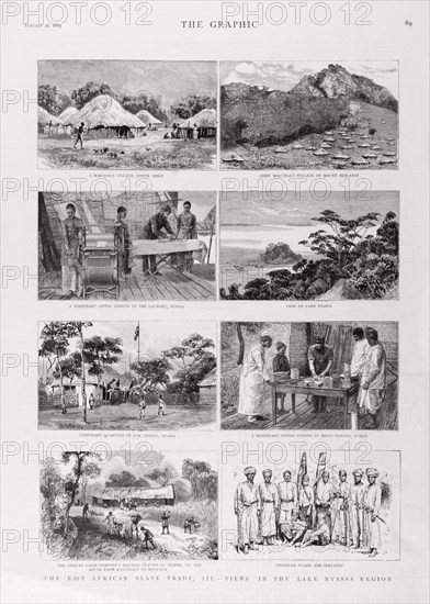 Missionary work in the Lake Malawi region. A page of illustrations taken from 'The Graphic' newspaper features scenes of missionary work at settlements in the Lake Malawi region of Nyasaland. The African Lakes Company, which was established to supply these missions with good and services, is also featured. Nyasaland (Malawi), circa 1889. Malawi, Southern Africa, Africa.