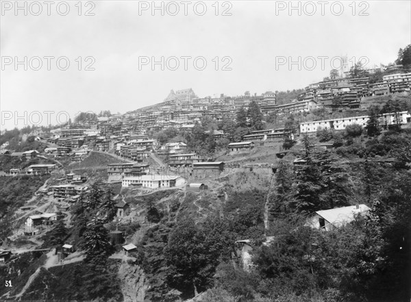 Simla hill station. Buildings perch on the mountainside at Simla, an north Indian hill station in the Himalayas that had become the summer capital of the British Raj by the end of the 19th century. Simla (Shimla), India, circa 1890. Shimla, Himachal Pradesh, India, Southern Asia, Asia.