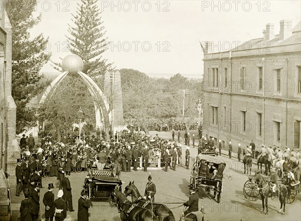 The Gold Arch at St. George's Terrace, Perth. The Gold Arch at St. George's Terrace, part of celebrations to welcome the Duke and Duchess of Cornwall and York (later King George V and Queen Mary) to Perth. Perth, Australia, July 1901. Perth, West Australia, Australia, Australia, Oceania.