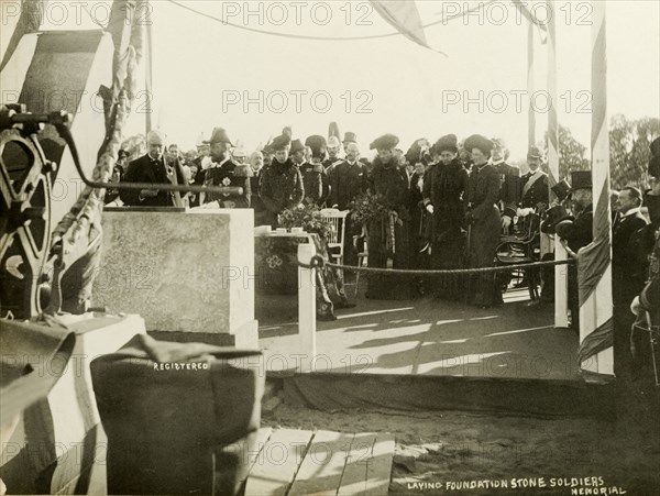 Laying the foundation stone of a Boer War memorial. The Duke and Duchess of Cornwall and York (later King George V and Queen Mary) stand on a podium to lay the foundation stone of a war memorial commemorating Western Australian soldiers lost during the Second Boer War (1899-1902). Perth, Australia, 23 July 1901. Perth, West Australia, Australia, Australia, Oceania.