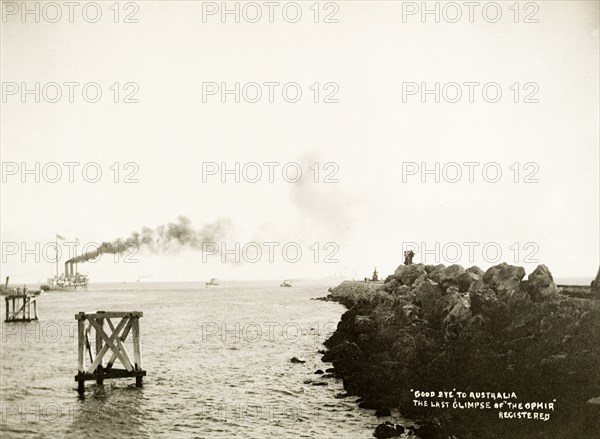 HMS Ophir and her royal passengers leave Perth. A last glimpse of HMS Ophir as she leaves Perth for the Indian Ocean west of Fremantle. The ship was carrying the Duke and Duchess of Cornwall and York (later King George V and Queen Mary) on their royal tour of Australia. Fremantle, Australia, 1901. Fremantle, West Australia, Australia, Australia, Oceania.