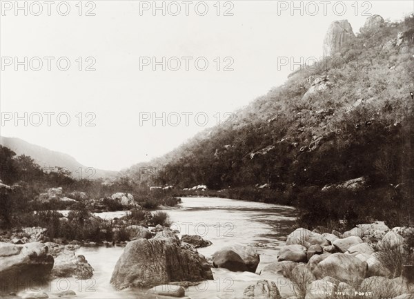 Queen's River Poort. A view of a creek along Queen's River as it flows through the Mkhonjwa mountain range, enroute to Swaziland. South Africa, circa 1904. Swaziland, Southern Africa, Africa.