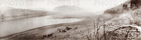 Scenic view near Louis Trichardt. View overlooking a lake near Louis Trichardt, with the Soutpansberg mountain range in the background. Louis Trichardt, Northern Transvaal (Makhado, Limpopo), South Africa, 18 October 1905. Makhado, Limpopo, South Africa, Southern Africa, Africa.