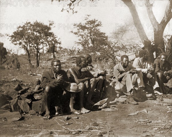 Matabele indunas at Cecil Rhodes' farm. Matabele (Ndebele) indunas (chiefs) attend an indaba (council) hosted by Cecil Rhodes at Sauerdale farm. Rhodes bought the farm after negotiating an end to the Matabele rebellion. Near Bulawayo, Rhodesia (Zimbabwe), 5 July 1897., Matabeleland North, Zimbabwe, Southern Africa, Africa.