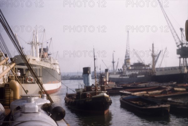 Tilbury Docks. Tugs and other steamships, moored in the River Thames at Tilbury Docks. Tilbury, England, September 1958. Tilbury, Essex, England (United Kingdom), Western Europe, Europe .