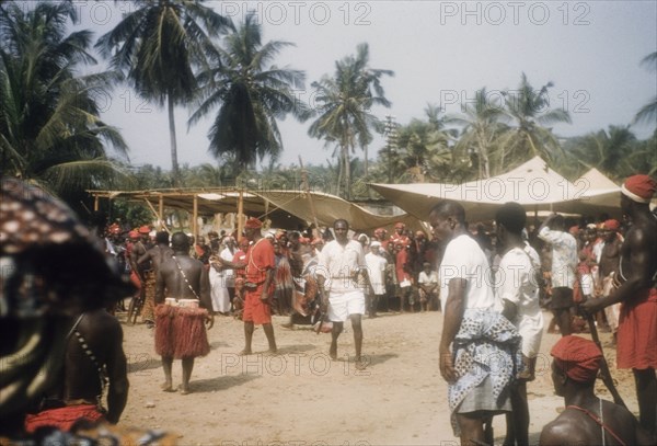 Asafo Number Two Company. Members of Asafo Number Two attend a ceremony in Lowtown. Saltpond, Ghana, April 1960. Saltpond, West (Ghana), Ghana, Western Africa, Africa.