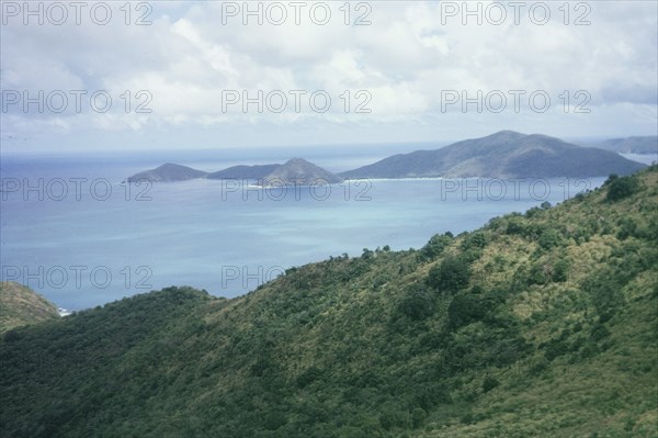 Tortola, British Virgin Islands. View from Tortola looking out over the Caribbean Sea to the outlying islands. Tortola, British Virgin Islands, 1975., Tortola, British Virgin Islands, Caribbean, North America .