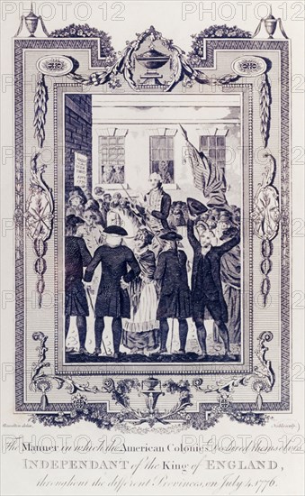 Celebrating the Declaration of American Independence. An illustration depicts a mounted messenger announcing the Second Continental Congress' decision to ratify the Declaration of American Independence. He is surrounded by a jubilant crowd who celebrate in the streets. United States of America, 4 July 1776. United States of America, North America, North America .