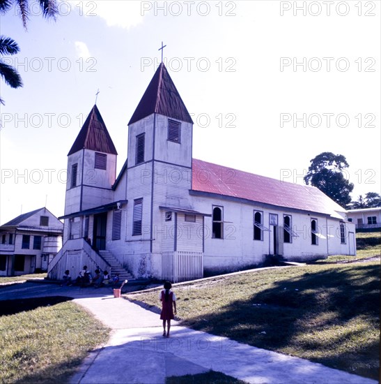 Christian church in San Ignacio, Belize. A colonial-style Christian church in San Ignacio. San Ignacio Cayo, Belize, circa 1975. San Ignacio Cayo, Cayo, Belize, Central America, North America .