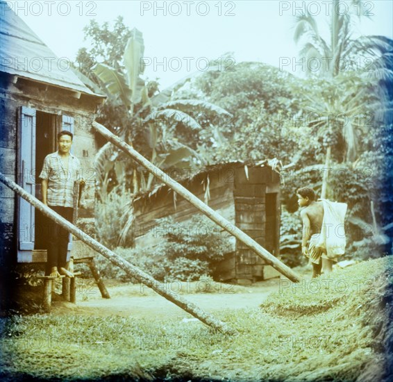Rural housing in Dominica. A Dominican man stands in the doorway of a wooden house on stilts as a second figure walks away from the camera towards an outbuilding with a sack slung over his shoulder. Dominica, circa 1975. Dominica, Caribbean, North America .