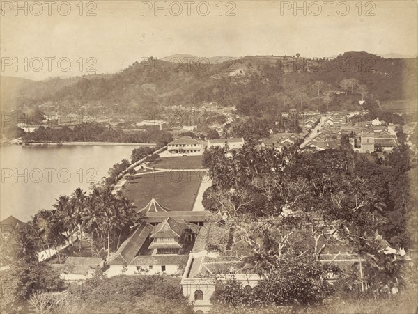 Kandy and its artificial lake. View over the city of Kandy and its artificial lake, built in 1807 by overflowing the paddy fields. Kandy, Ceylon (Sri Lanka), circa 1883. Kandy, Central (Sri Lanka), Sri Lanka, Southern Asia, Asia.