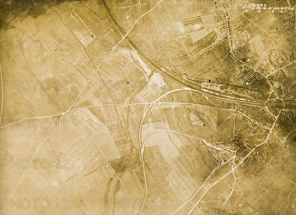 A military camp on the Western Front. One of a series of British aerial reconnaissance photographs recording the positions of trenches on the Western Front during the First World War. A military camp, probably British, is based close to a railway line running west to northeast. Nord-Pas de Calais or Picardie, France, 18 March 1918. France, Western Europe, Europe .