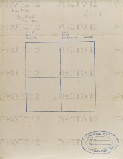 Royal Flying Corps data document. A document issued to the 12th Wing of the Royal Flying Corps (RFC), which was used to record data relating to aerial reconnaissance photographs from the Western Front. France, May 1916. France, Western Europe, Europe .