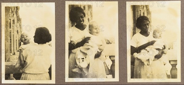 Indian ayah with an infant. Three shots of an Indian ayah (nursemaid) called Nannie, cradling a baby in her arms on the balcony of a house. Nannie worked for a British family (the Lawrences) in India, later moving with them to England where she lived for the rest of her life. India, circa 1920. India, Southern Asia, Asia.