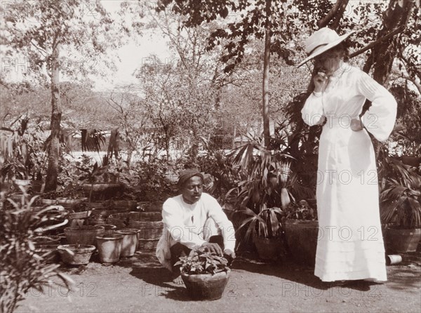 Phyllis Lawrence watches a gardener at work. Phyllis Louise Lawrence, the first wife of Sir Henry Staveley Lawrence (Collector of Karachi), watches with interest as an Indian gardener tends to a potted plant. Karachi, Sind, India (Sindh, Pakistan), circa 1910. Karachi, Sindh, Pakistan, Southern Asia, Asia.