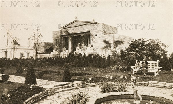 British Empire Exhibition at Wembley. A government building is set in formal gardens at the British Empire Exhibition in Wembley. London, England, 1924. London, London, City of, England (United Kingdom), Western Europe, Europe .