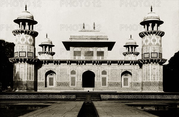 Itmad-Ud-Daulah's tomb, circa 1920. Exterior view of Itmad-Ud-Daulah's tomb, a 17th century Mughal mausoleum built from white marble and often regarded as the 'draft' for the famous Taj Mahal monument. Agra, North Western Provinces (Uttar Pradesh), India, circa 1885. Agra, Uttar Pradesh, India, Southern Asia, Asia.