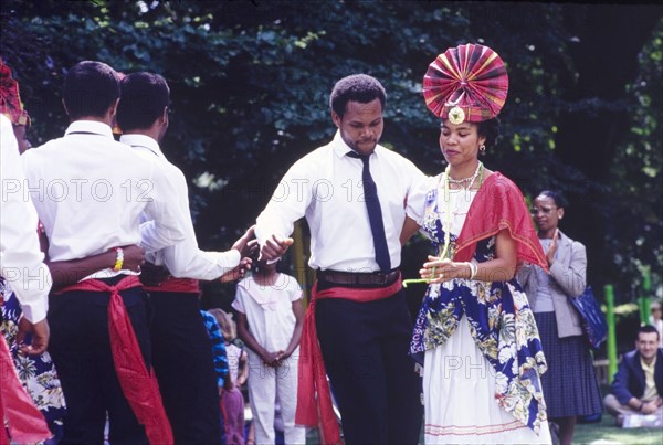 Dancers at the Caribbean Music Village. Male and female dancers perform at the Caribbean Music Village, a cultural festival held at the Commonwealth Institute. London, England, 7-26 July 1986. London, London, City of, England (United Kingdom), Western Europe, Europe .