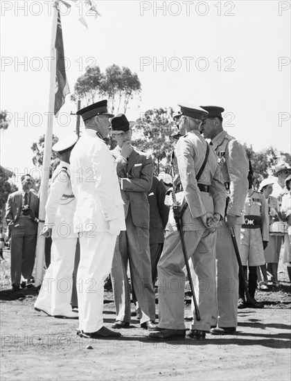 The Duke of Edinburgh meets officers of the Kenya Regiment. The Duke of Edinburgh meets with officers of the Kenya Regiment at their military headquarters in Nairobi. Nairobi, Kenya, February 1952. Nairobi, Nairobi Area, Kenya, Eastern Africa, Africa.