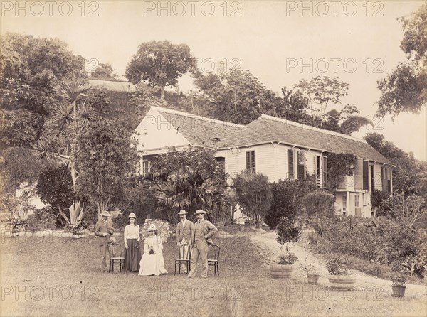 A viceroy at Craighton House. A European viceroy and his family pose for a group portrait in the gardens of Craighton House, the residence of the Governor of Jamaica. St Andrew's, Jamaica, circa 1891., St Andrew (Jamaica), Jamaica, Caribbean, North America .